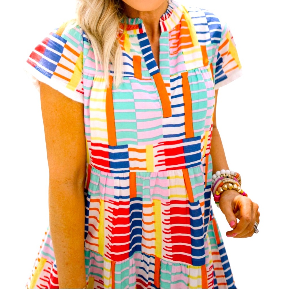 THML patchwork bold line print, tiered ruffles, fringe trim on sleeves, v-neck,S
